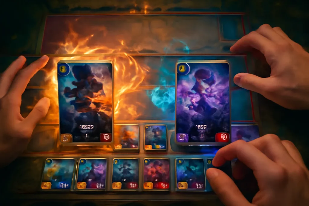 Legends of Runeterra gameplay showing strategic battle with champions and spells in action.