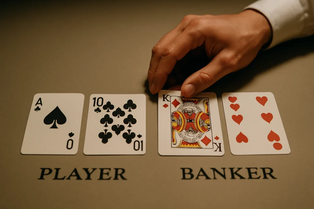 Close-up of Player and Banker hands arranged during a Baccarat gameplay moment.