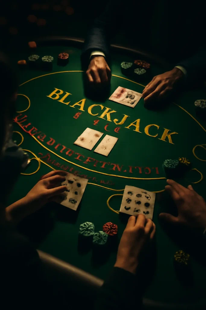 Players at a Blackjack table calculating their moves with cards in play, showing a focus on strategy and card counting.