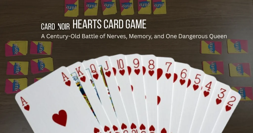 Four players playing Hearts card game with a trick in the center and a score sheet on the table.