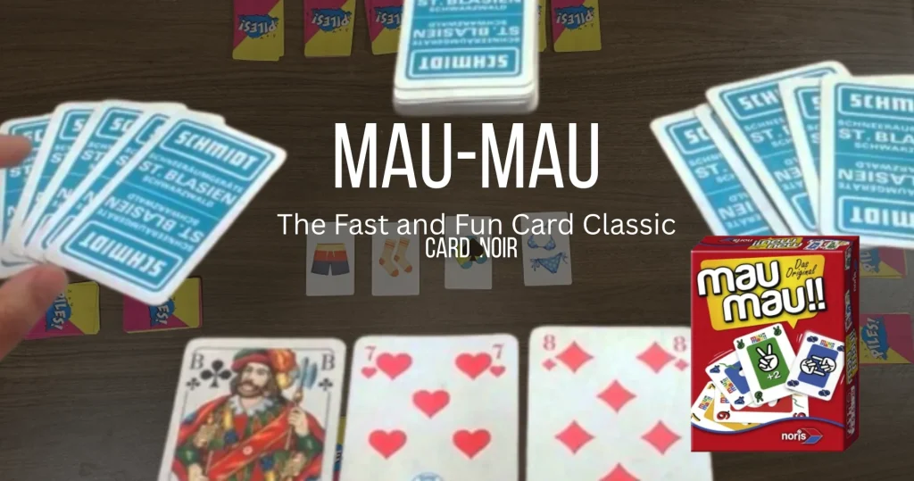 A group of friends enjoying a lively game of Mau-Mau, with cards scattered on the table and everyone focusing on their next move.