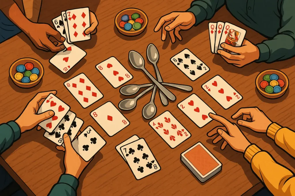 Spoons is a fast-paced matching card game where players pass cards around the table, trying to collect four-of-a-kind.