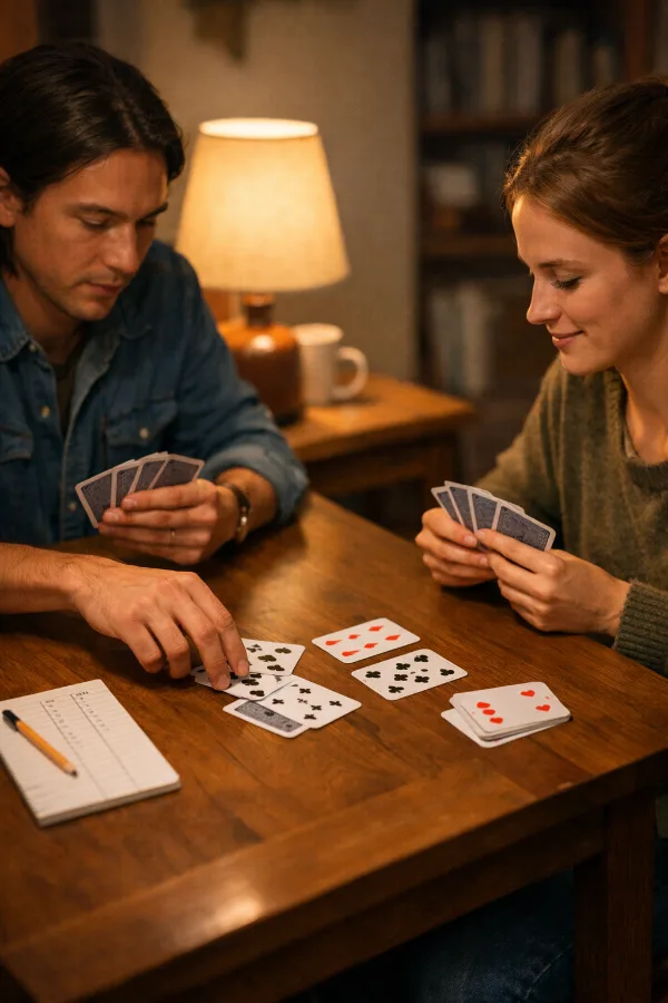 Two hands racing to play cards in a fast two-player Speed-style card game.