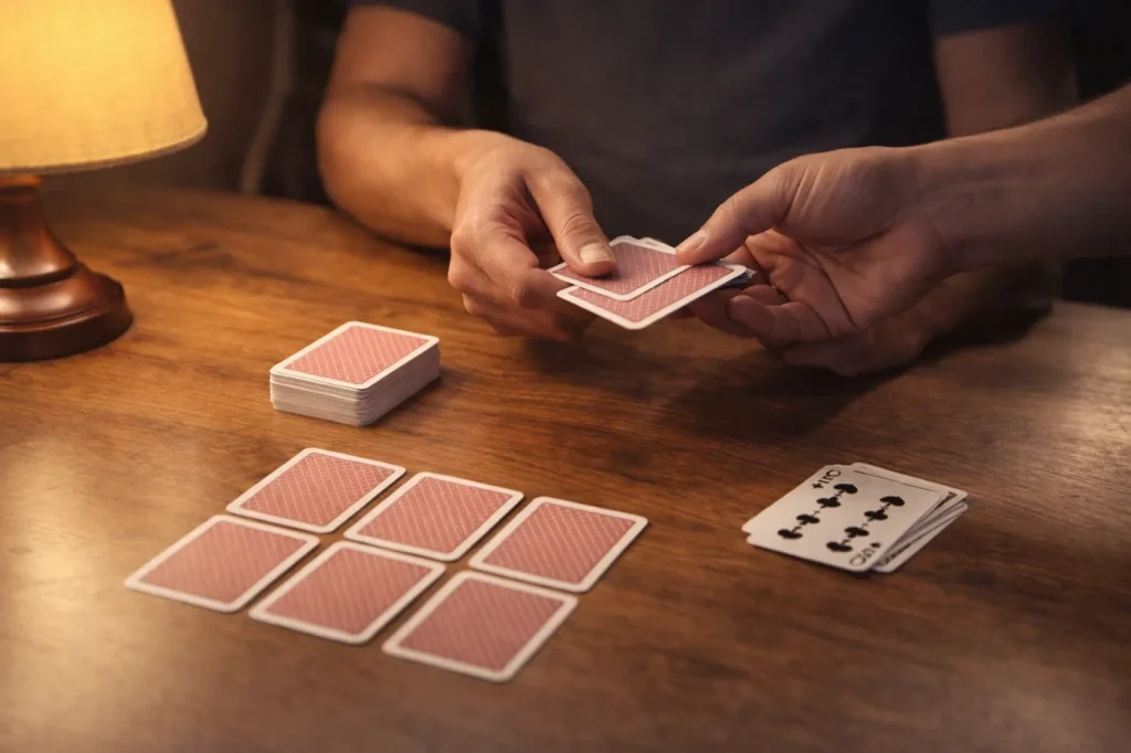 Hand deciding whether to draw from the discard pile in Cambio, highlighting strategy and timing.
