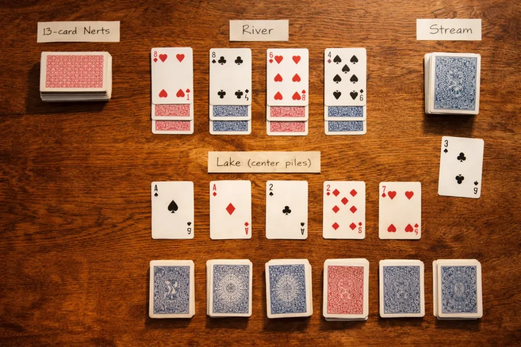 Overhead view of Nerts setup showing Nerts pile, River columns, Stream, and the shared center.