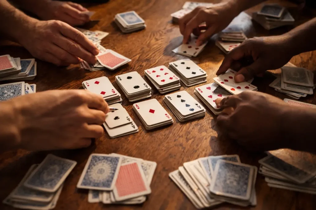 Multiple players building shared piles in Nerts with different decks on a warm-lit table.