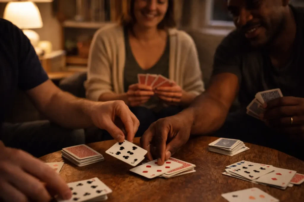 Friends playing Pitty Pat card game with a standard deck under warm light.